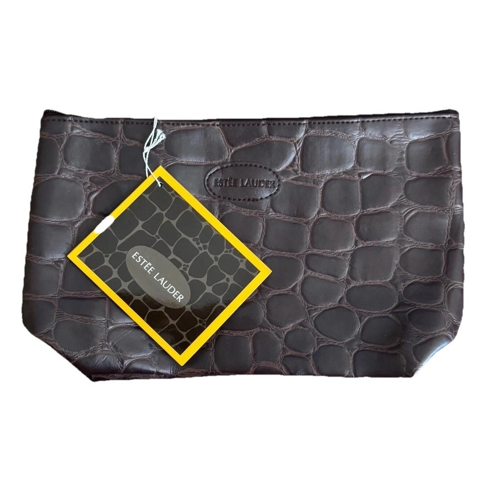 Estée Lauder Chocolate Brown Faux CrocEmbossed Make Up Cosmetic Zip Bag NWT